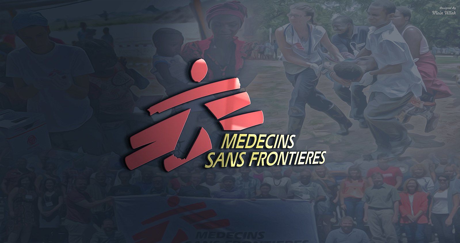 MSF Logo with images of workers and civilians in background